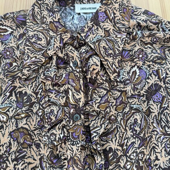 Zadig & Voltaire Tuska Satin Thorn Floral Button Down Shirt Ruffle Retro Boho S - Picture 8 of 8